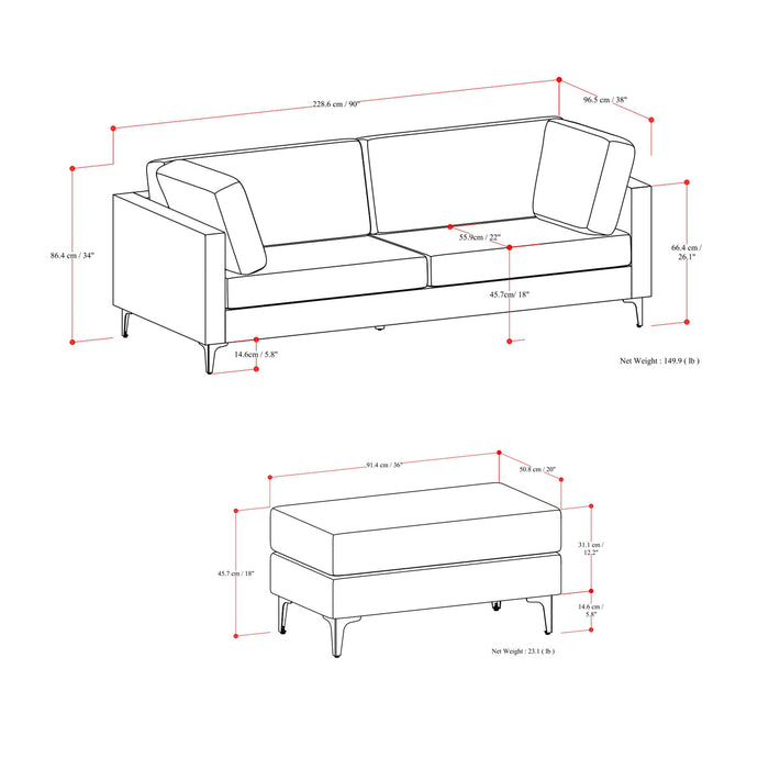 Ava - Mid Century Sofa With Ottoman Set