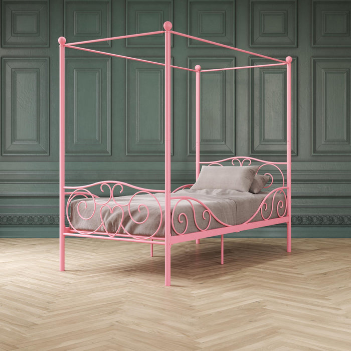 Twin Canopy Bed With Heart Scroll Design And Finial Posts - Pink