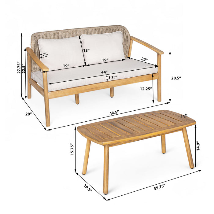 2 Piece Outdoor Acacia Wood Conversation Set, Woven Rope Backrest Patio Seating Group, Woven Rope With Coffee Table For Porch - Light Teak / Beige