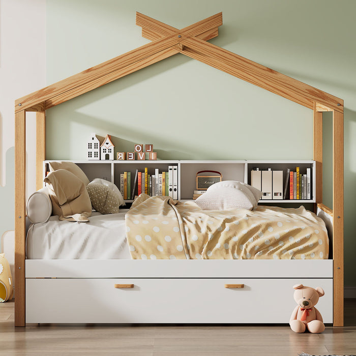 Wooden House Bed Original Wood Colored Frame With Bookshelf Storage Space