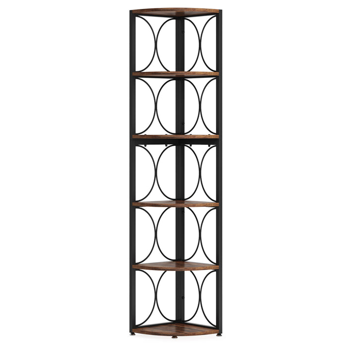 Tall 6 Tier Corner Bookshelf Storage Rack For Living Room - Rustic Brown