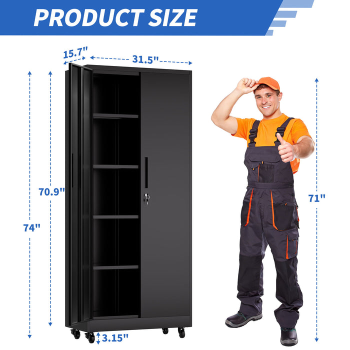 Heavy Duty Rolling Cabinet With Lock, Garage Storage Cabinet, 4 Adjustable Shelves For Tool Organization