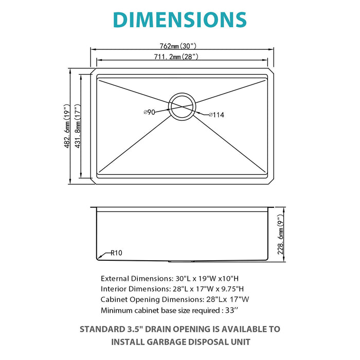 Gold Undermount Kitchen Sink 30" X 19" X 10" Stainless Steel 16 Gauge Deep Single Bowl With Workstation Ledges