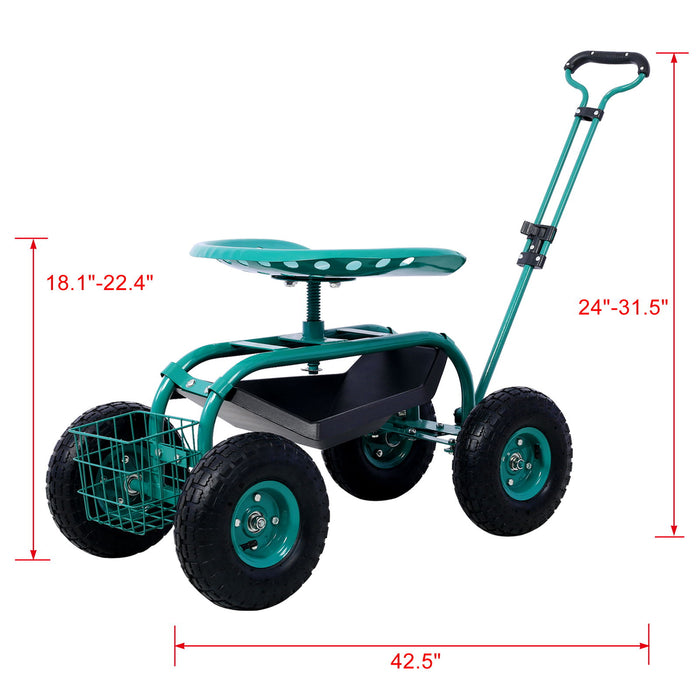 Rolling Garden Scooter Cart Seat With Wheels, 360 Swivel Seat, Tool Tray