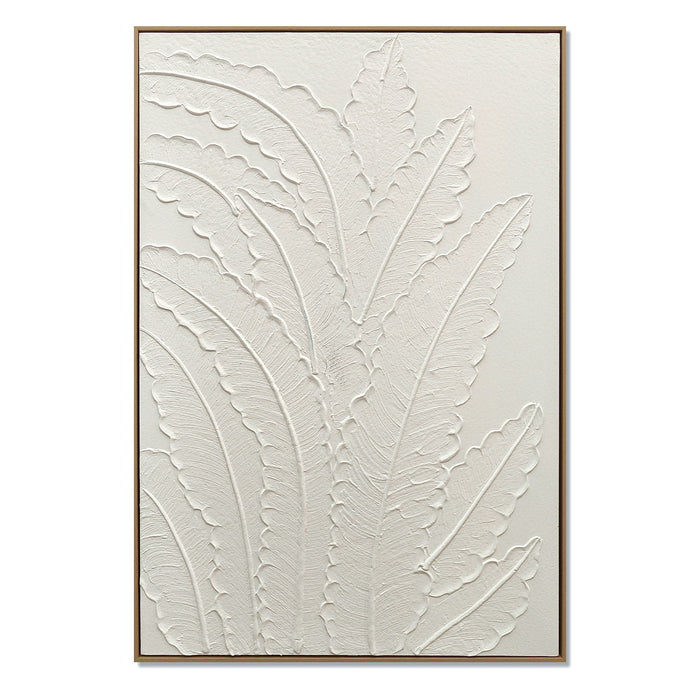 Framed Botanical Leaf Wall Art, Thick Textured Canvas Painting, Neutral Decor For Living Room - White