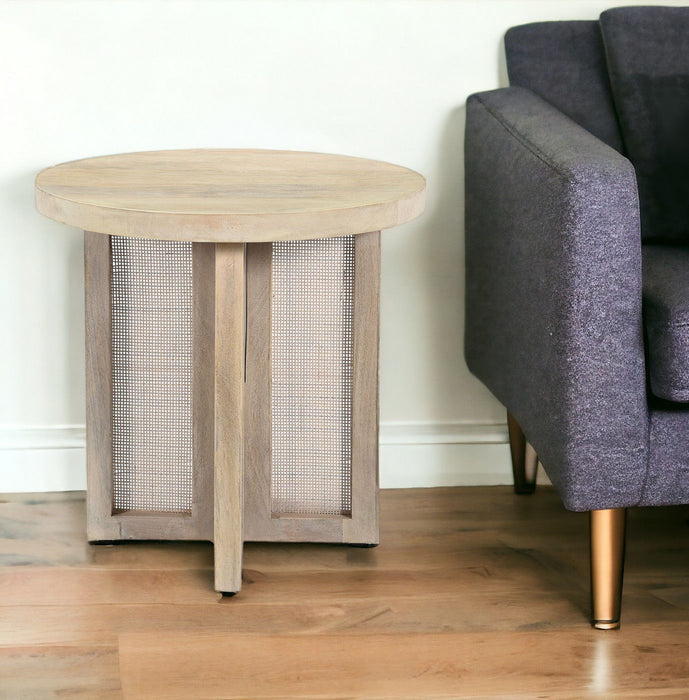 Solid Wood And Rattan Round End Table - Natural