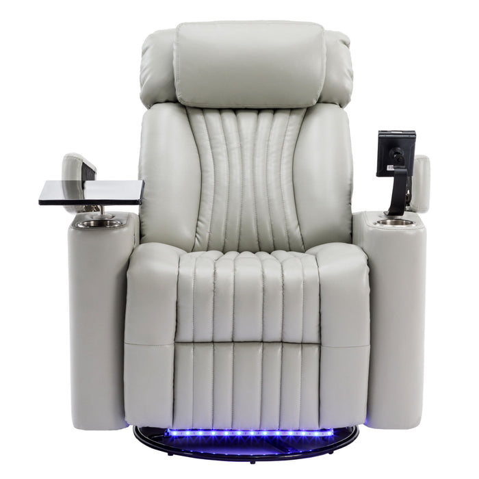 270° Power Swivel Recliner Home Theater Chair With Hidden Arm Storage, LED Light, Cup Holder, And Tray Table
