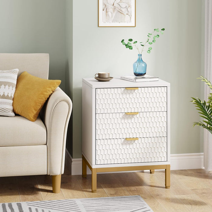 3 Drawer Nightstand With Hexagon Pattern, Storage Table For Living - White