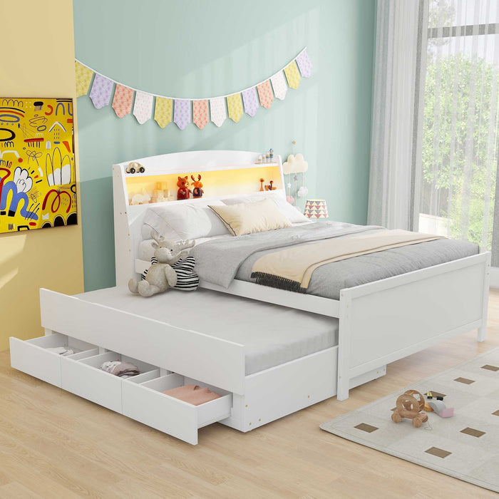 Full Size Platform Bed With Storage LED Headboard, Twin Trundle And 3 Drawers - White