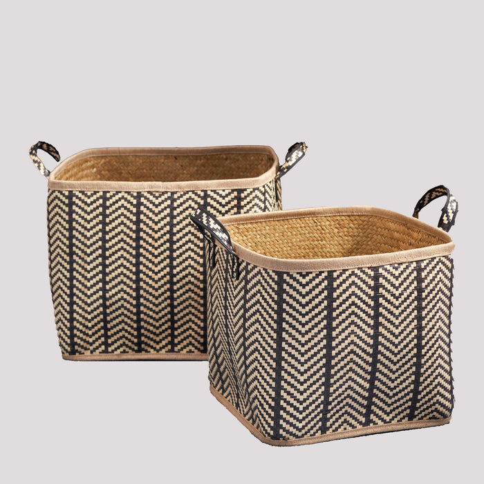 Square Palm Leaf Woven Wicker Storage Basket With Handles (Set of 2) - Back / Brown