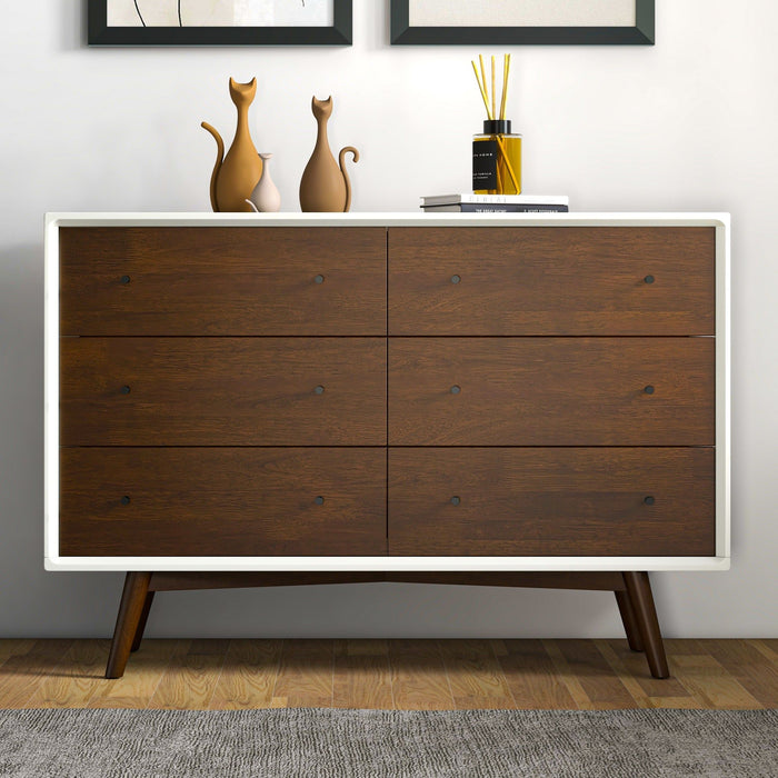Mid-Century Modern White Dresser 6 Drawer - Dark Brown / White