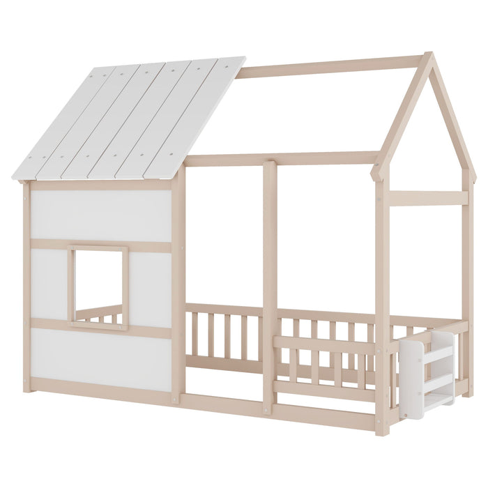 House Floor Bed With 7 Color LED Light, Built In Bookshelf