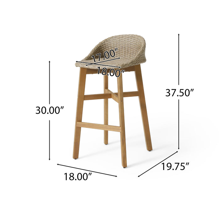 Beeson - Outdoor Wicker And Acacia Wood Barstools Set, Water Resistant - Brown