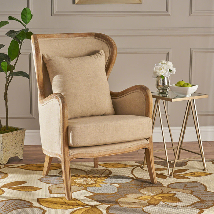 Crenshaw - Wing Arm Chair With Oak Frame And High Back - Beige