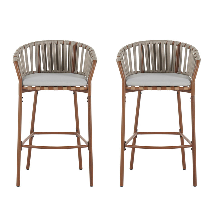 Lodi - Outdoor Matal Rope Barstool, Teak / Beige (Set of 2) - Teak / Beige