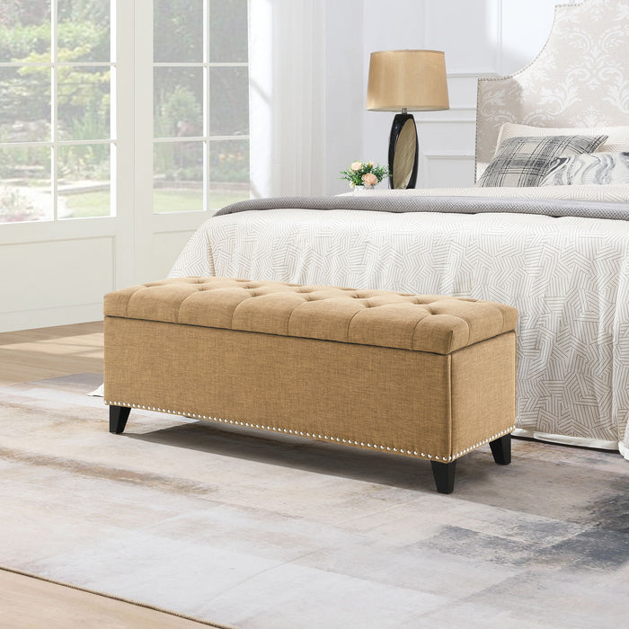 Button Tufted Storage Ottoman, Living Room Bench With Safety Close Hinge - Brown