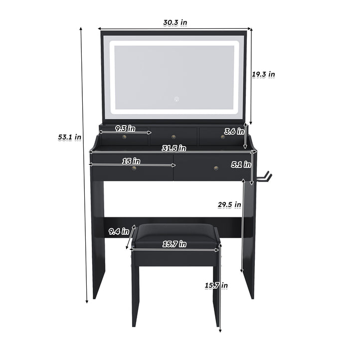 Modern Makeup Vanity Set With Power Outlet, Hair Dryer Holder, And Adjustable Lighting