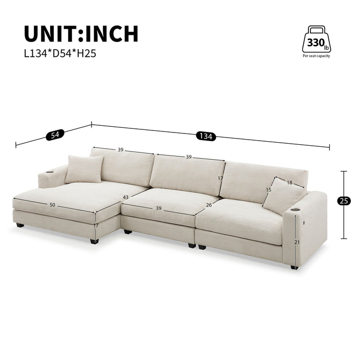 Oversized Sectional L Shaped Cloud Couch With USB Charging Port Cup Holder Deep And Wide Seat Sofa With Chaise Comfy