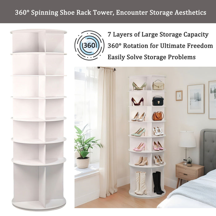 7 Tier Rotating Shoe Rack With High Base Design, Freestanding 360° Organizer For 28 Pairs - White