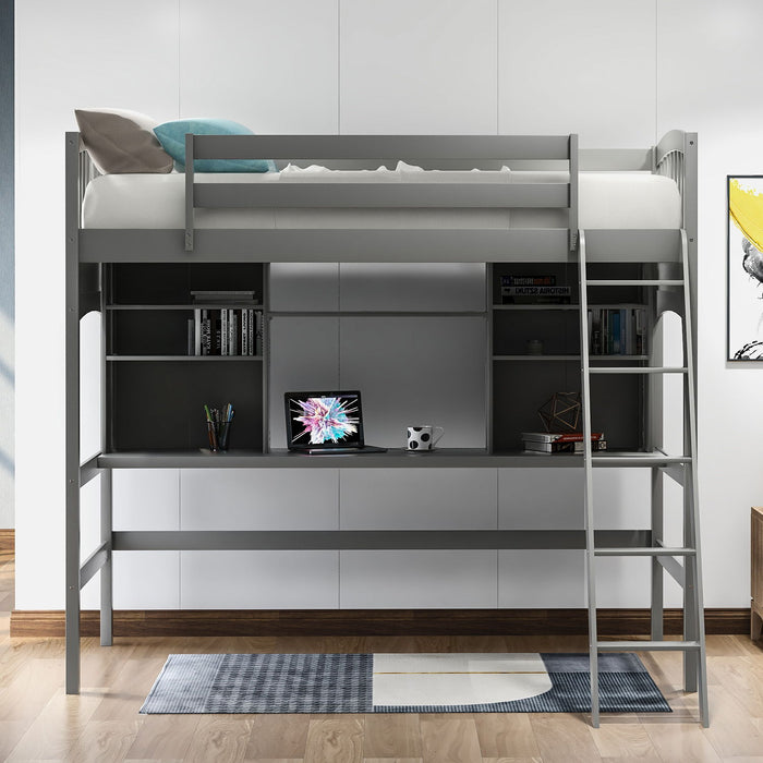 Loft Bed With Storage Shelves, Desk And Ladder