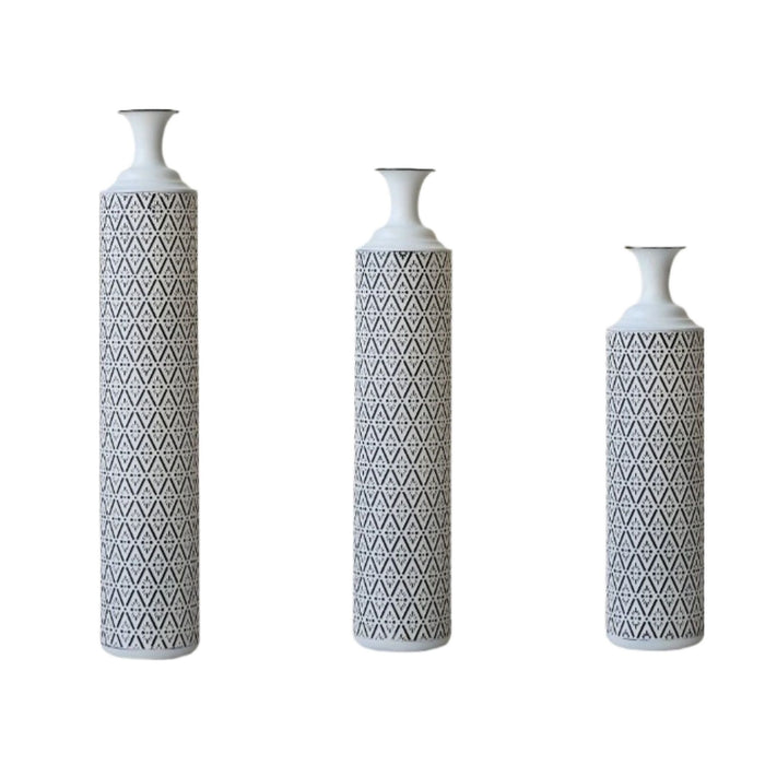 Modern Floor Vase Set Metal Vases With Geometric Pattern, 3 Piece Home Decor Set - White / Black