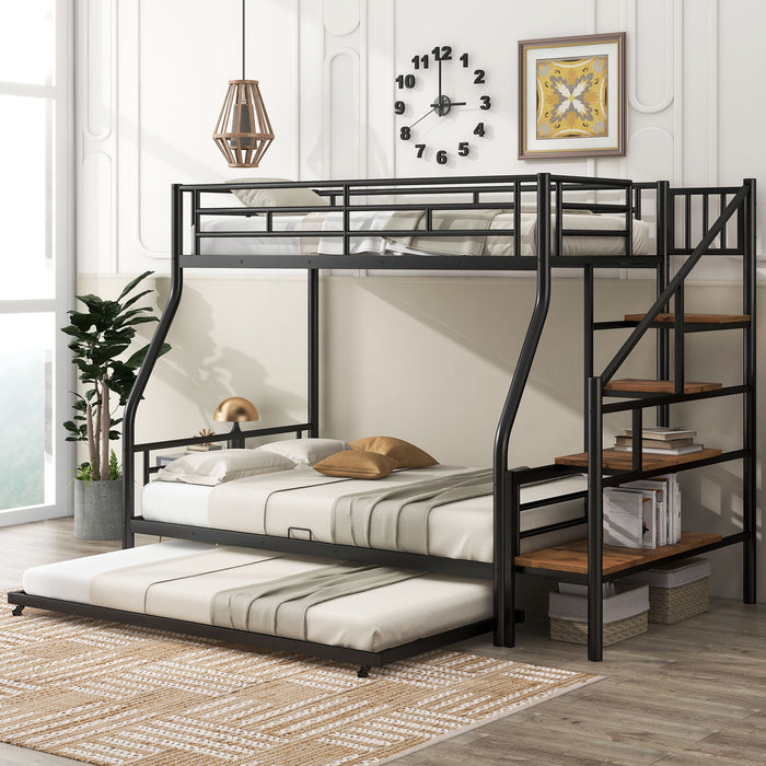 Twin Over Full Size Metal Bunk Bed With Trundle And Storage Staircase - Black