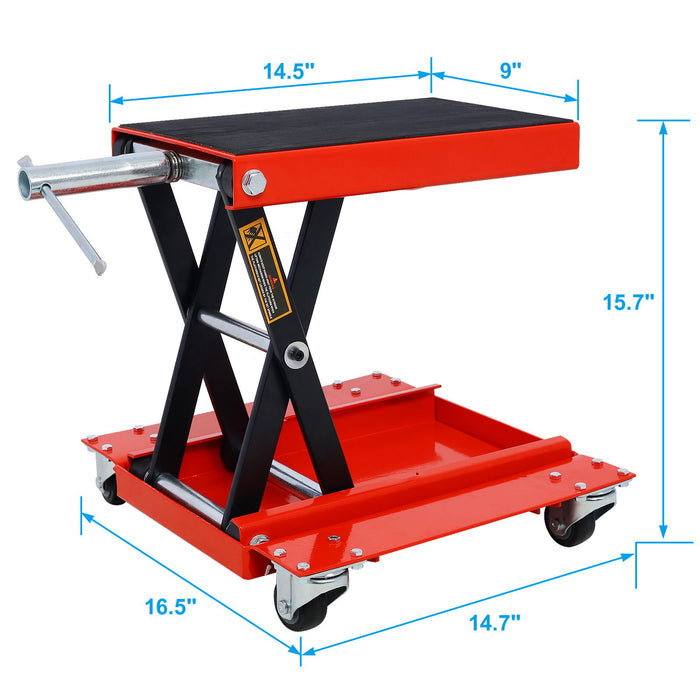 Heavy Duty Motorcycle Lift Jack With Dolly Tray And Wide Deck - Red