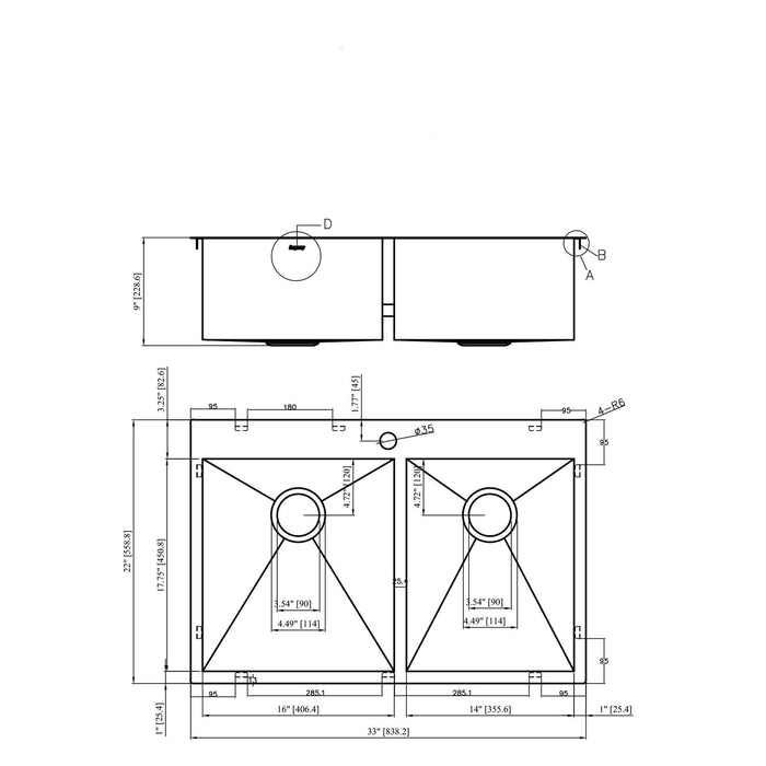 Double Bowl Drop In Sink With 2 - 9" Deep Basins - Gunmetal Black