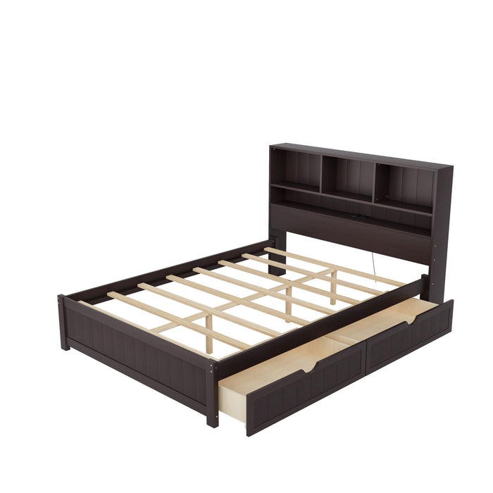 Platform Bed With Bookcase Headboard, Built-In Downlight, Charging Station, And 2 Side Drawers
