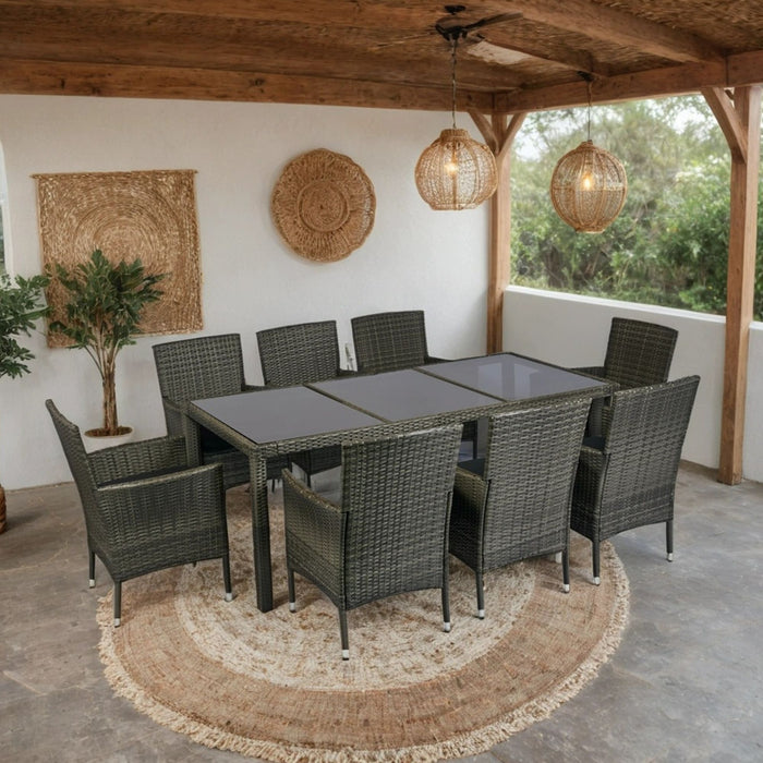 9 Piece Outdoor Patio Wicker Dining Set Patio Wicker Furniture Dining Set Glass Top - Gray / Black
