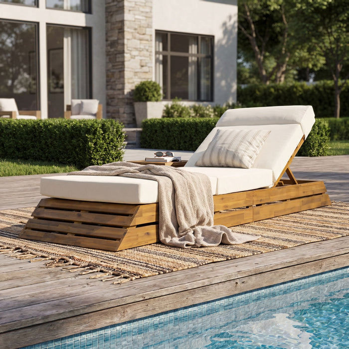 Chaise Lounge Set With 4 Fold Cushion And Built In Headrest, 3 Position Adjustable Backrest, For Patio - Beige / Teak