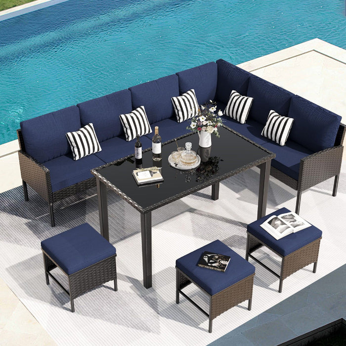 7 Piece Outdoor Furniture Set With Waterproof Cushions, Glass Table, And Space Saving Design - Blue