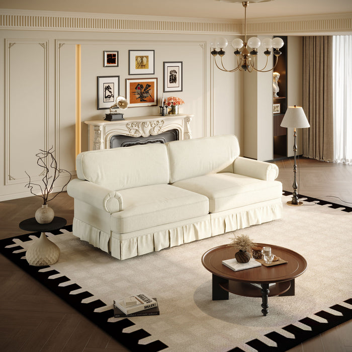 Luxuriously Comfortable Cloud Couch With Elegant Rolled Arms & Pleated Skirt Design