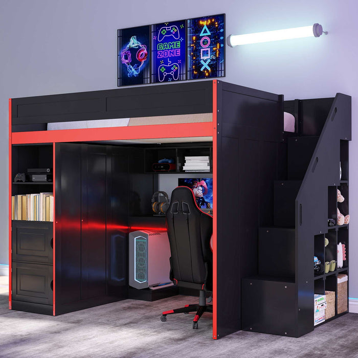 Gaming Loft Bed With Desk And Storage, LED Lights