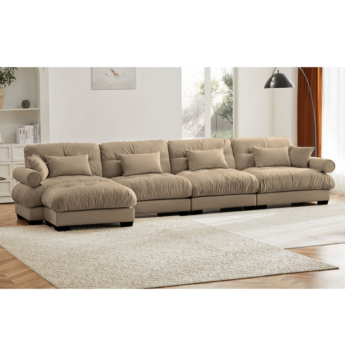 Modern Sectional Sofa With Ottoman, Round Bolster Armrests, Waist And Throw Pillows