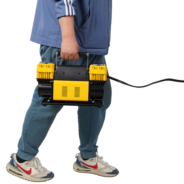 Heavy Duty 12V Dual Cylinder Air Compressor, Tire Inflator With Gauge - Yellow / Black