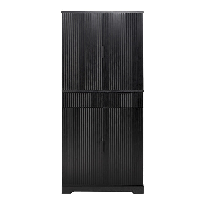 Fluted Kitchen Pantry Cabinet With 3 Keyboard Drawers & 6 Adjustable Door Shelves