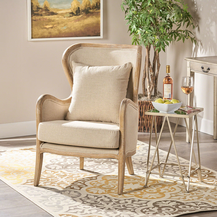 Crenshaw - Wing Arm Chair With Oak Frame And High Back - Beige