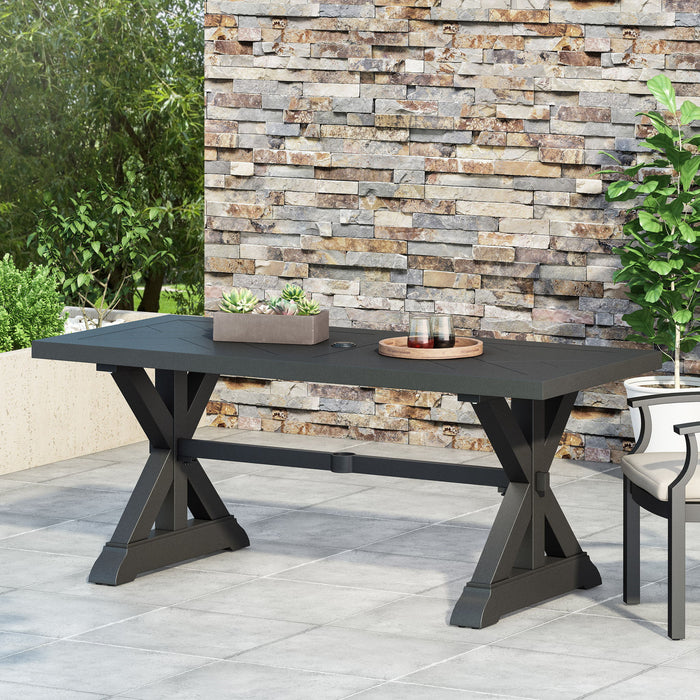 Modern Outdoor Dining Table With X Shaped Legs, Umbrella Hole