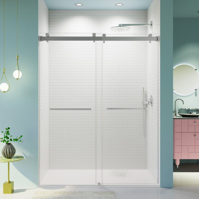 Frameless Double Sliding Shower Door In, Thick Tempered Glass, Reversible Installation