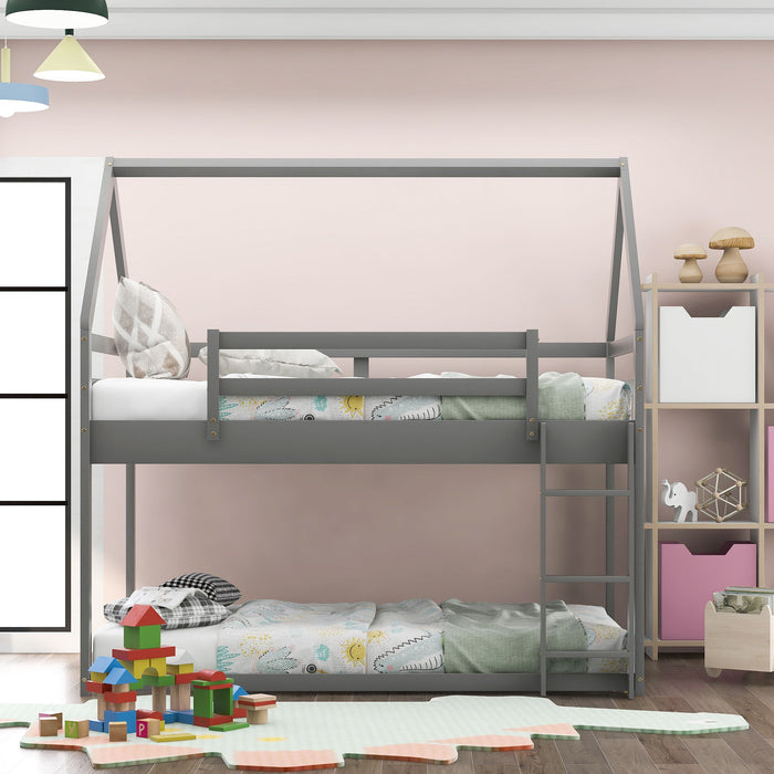Low Bunk Bed With House Shaped Frame And Ladder