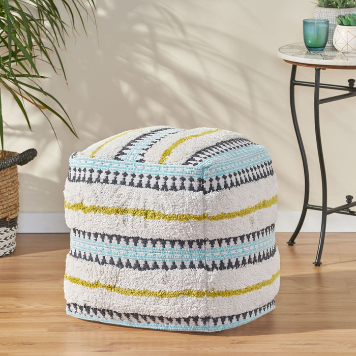 Bohemian Woven Cotton Pouf With Handwoven Design - Multi