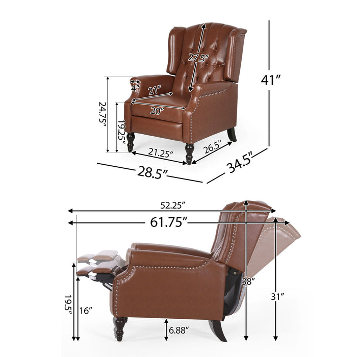 Upholstered Wingback Recliner With Nailhead Trim And Rolled Recessed Arms - Light Brown