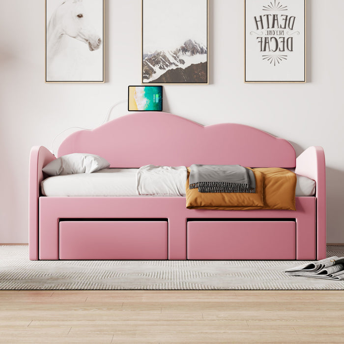 Upholstered Daybed With Cloud-Shaped Backrest, Trundle & 2 Drawers And USB Ports