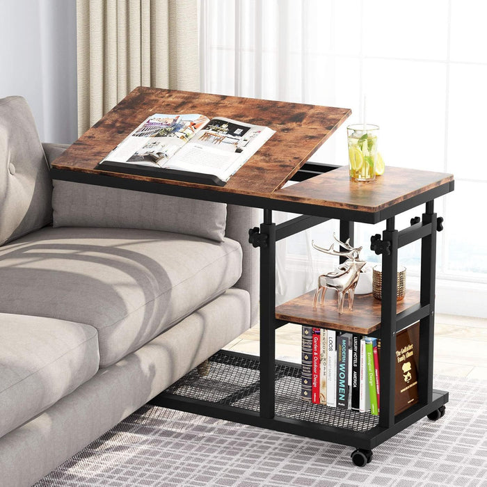 C-Shaped Adjustable End Table With Wheels And Tilting Top With Side Pocket And Storage Shelf - Brown / Black