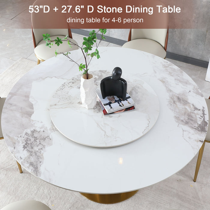 53" Round Marble Dining Table With Lazy Susan, Dining Room, Dinette (Table Only) - Gold / Gold / White