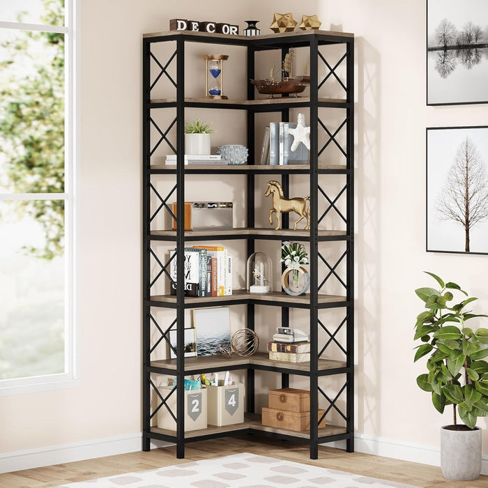 7 Tier Corner Bookshelf, Storage Unit For Living Room