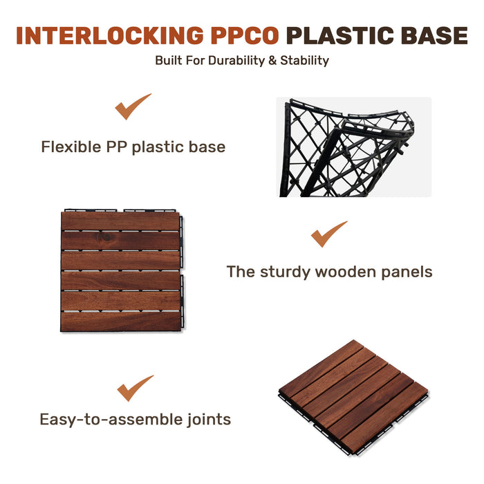 Interlocking Deck Tiles Striped Pattern, Square Acacia Hardwood Outdoor Flooring For Patio, Bancony, Pool Side