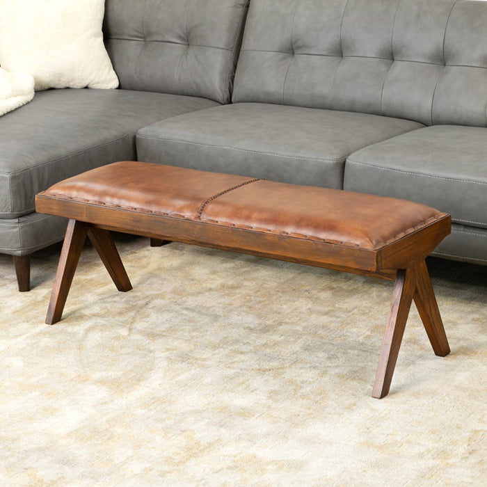 Chad - Mid-Century Modern Leather Bench - Brown / Tan