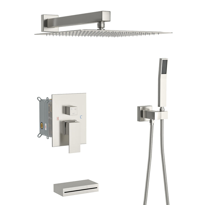 Square Shower System With Waterfall Tub Spout And Rough In Valve, Wall Mounted